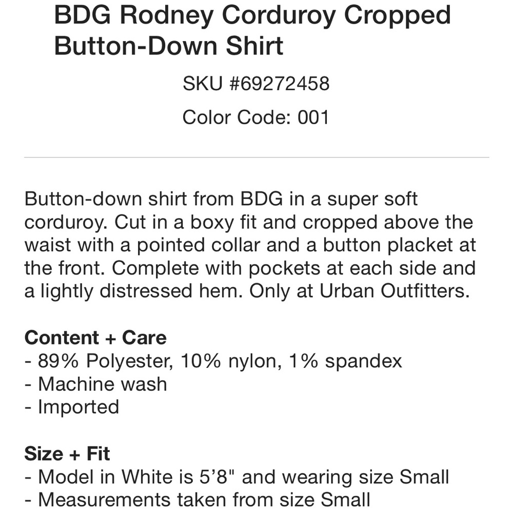 urban outfitters bdg rodney corduroy cropped button-down shirt - Picture 3 of 4